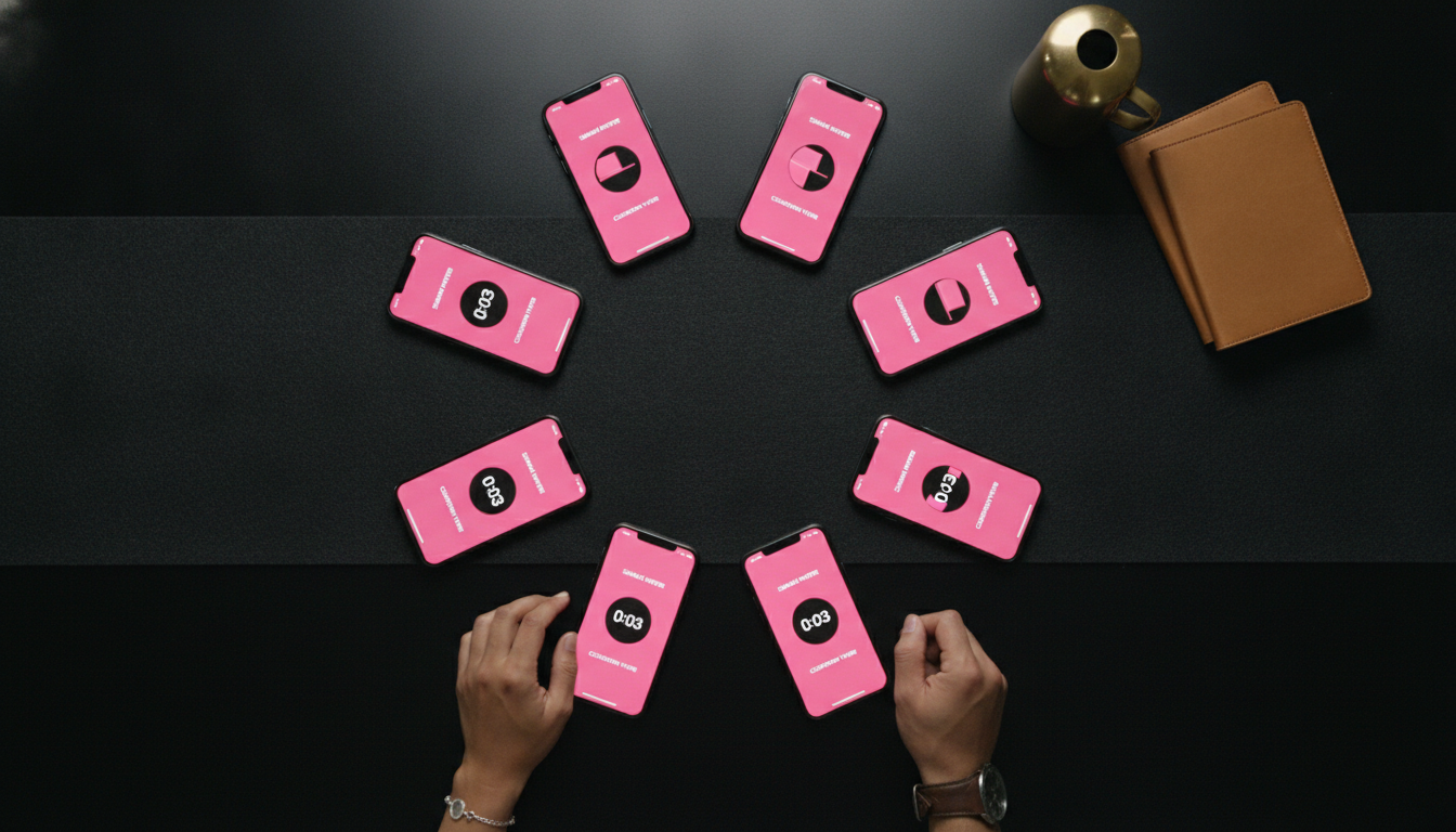 Overhead flat lay of eight smartphones arranged in a circle on a matte black conference table with hot pink screens