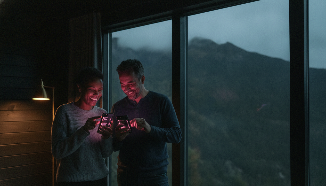 A Kenyan woman and a Brazilian man comparing phone scoreboards at a mountain lodge window during retreat departure hour