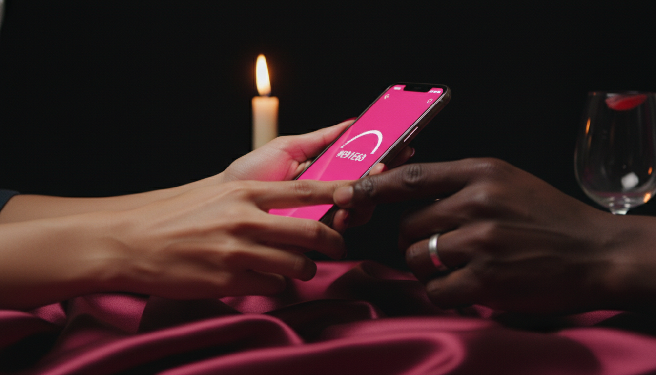 Close-up of two interlocked hands gripping the same phone at an angle, the screen showing a hot pink score meter, set on satin sheets with a candle and a lipstick-rimmed wine glass in the background.