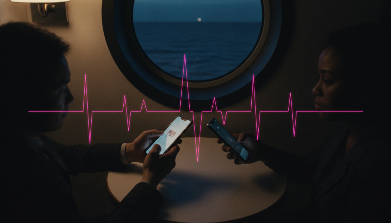 Two hands holding phones over a small cruise cabin table with a hot pink accelerometer waveform overlay