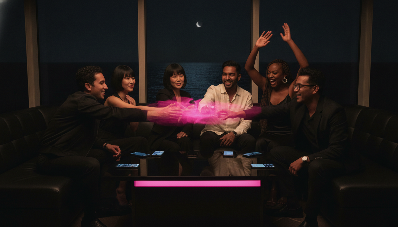 Eight cruise passengers standing around a black lounge table with phones face up mid-shake