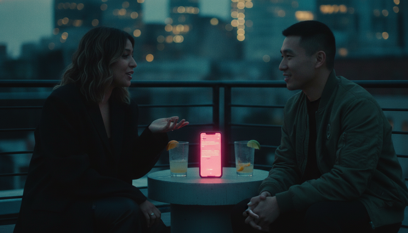 Two friends on a Brooklyn rooftop at blue hour with a phone glowing hot pink between them