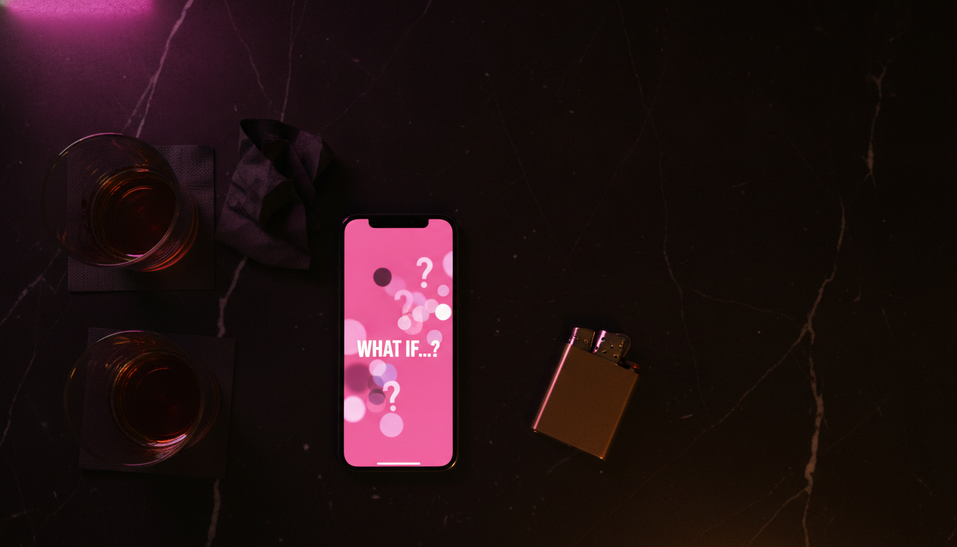Overhead flat-lay of a phone glowing pink on a black marble bar top beside two rocks glasses