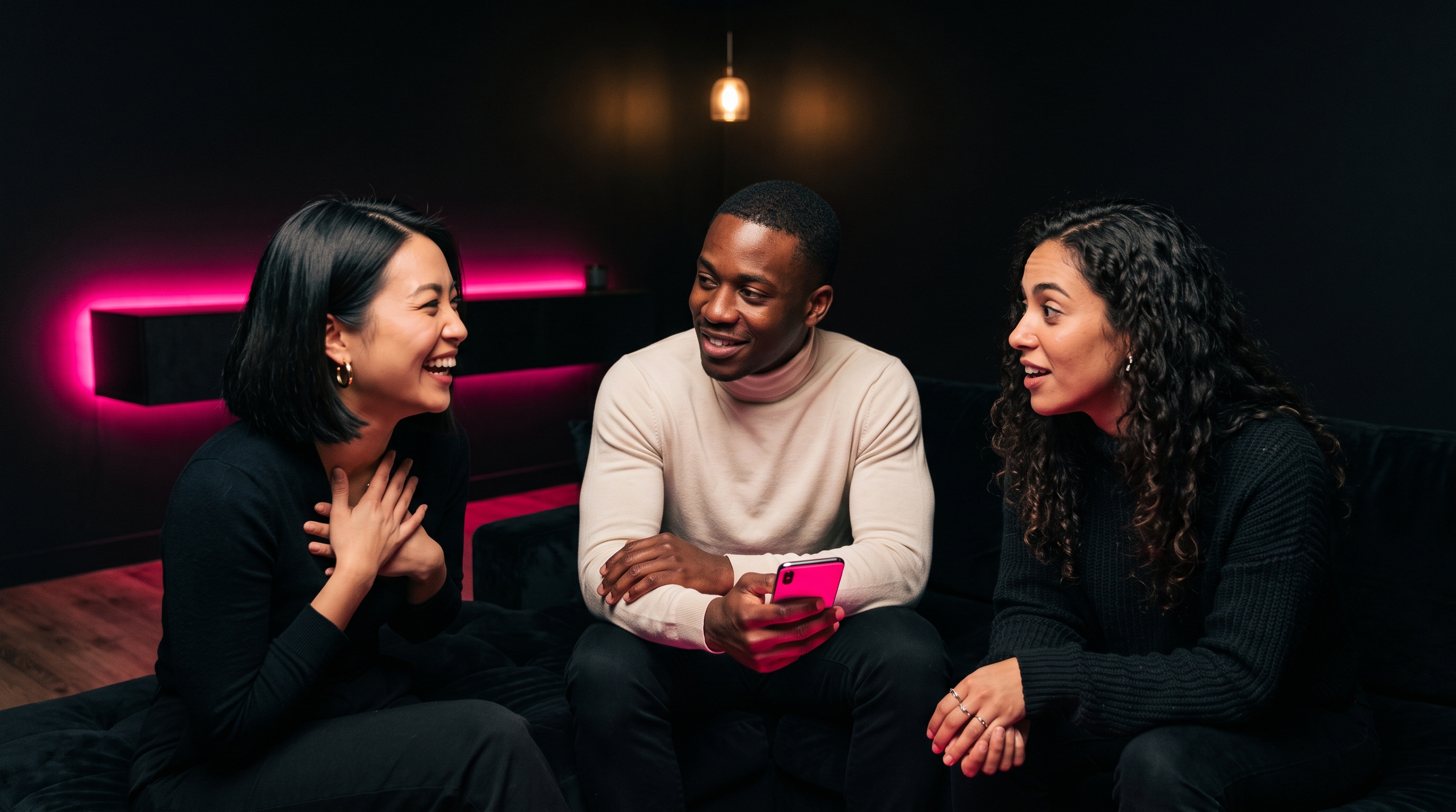Three friends in a dim loft having an honest conversation with a pink-glowing phone between them