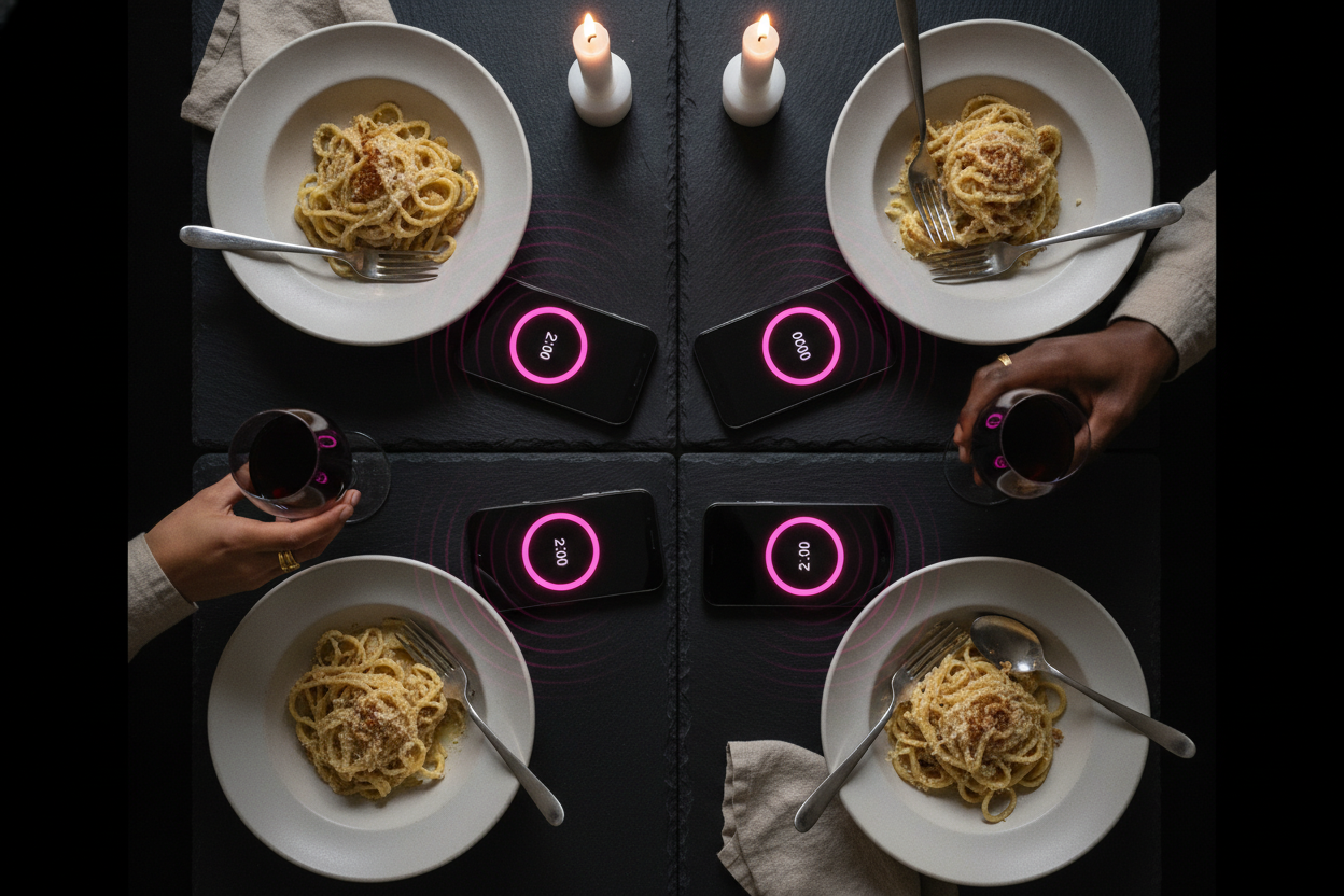 Overhead flat-lay of a slate dining table between courses, four phones face-up showing hot pink round timers.