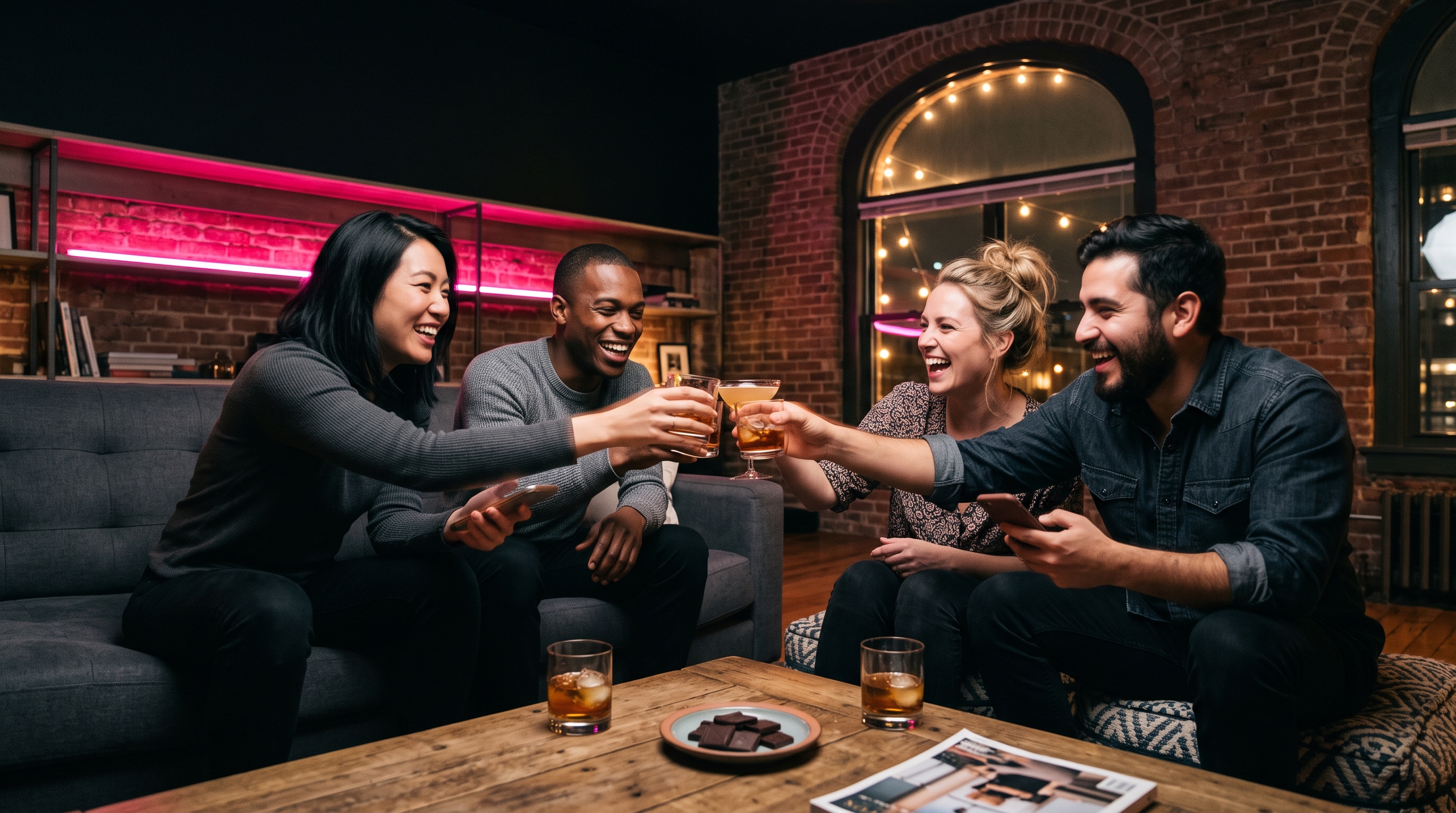 Two couples laughing mid-shake with phones in a Brooklyn loft lit by hot pink neon