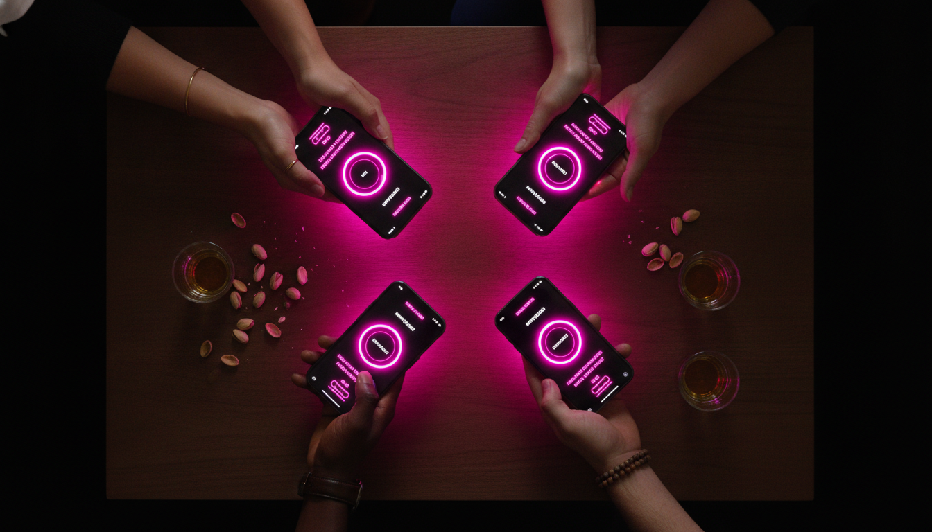 Overhead flat lay of four hands holding iPhones mid-shake on a dark walnut table with pink neon reflection