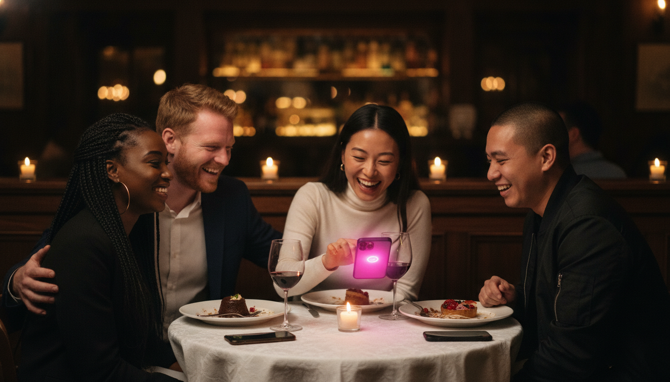 Two couples laughing with phones face-down at a candlelit bistro table with hot pink screen glow