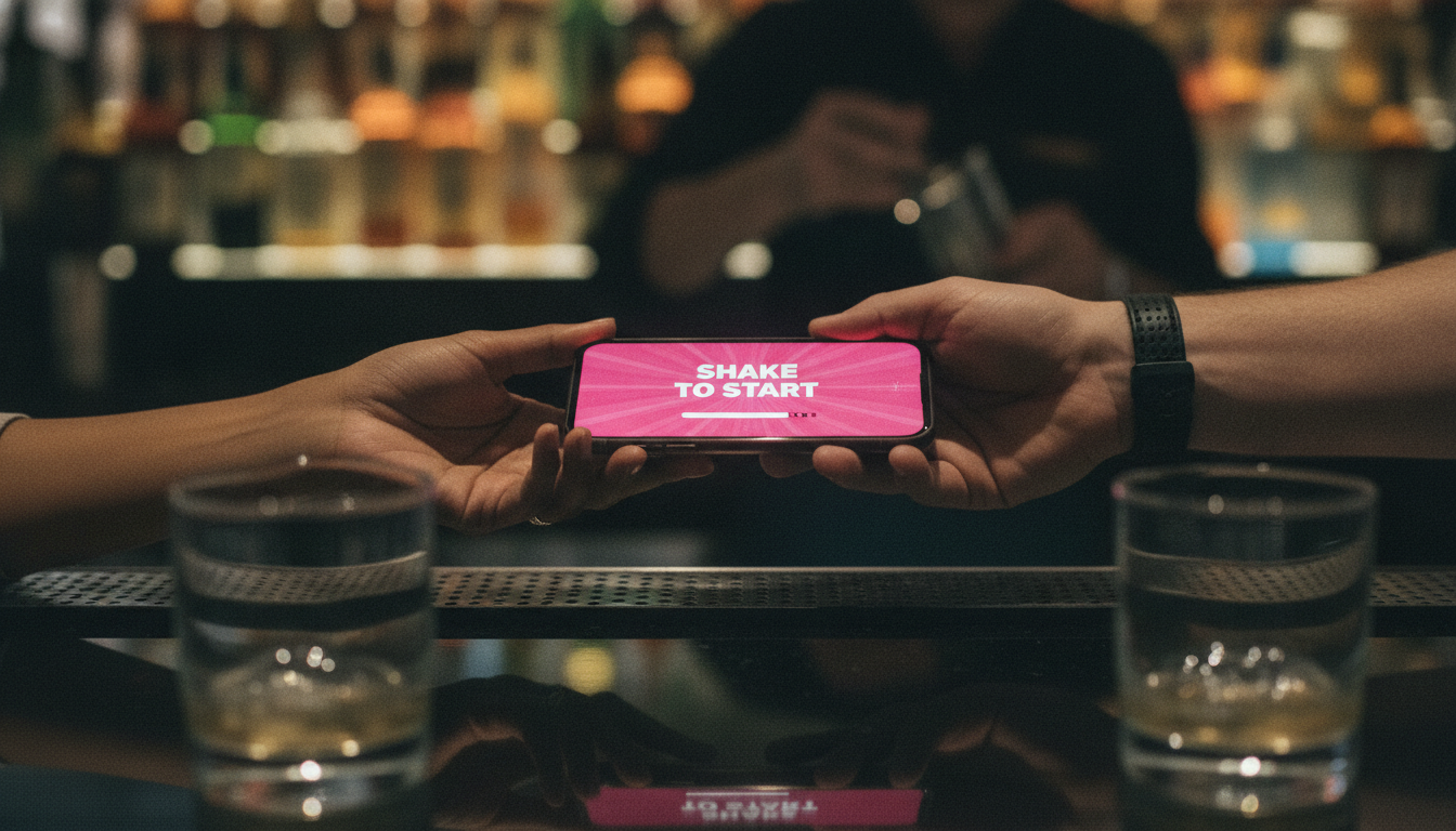 Two adult hands passing a phone across a black bar counter, screen glowing hot pink with a shake game prompt