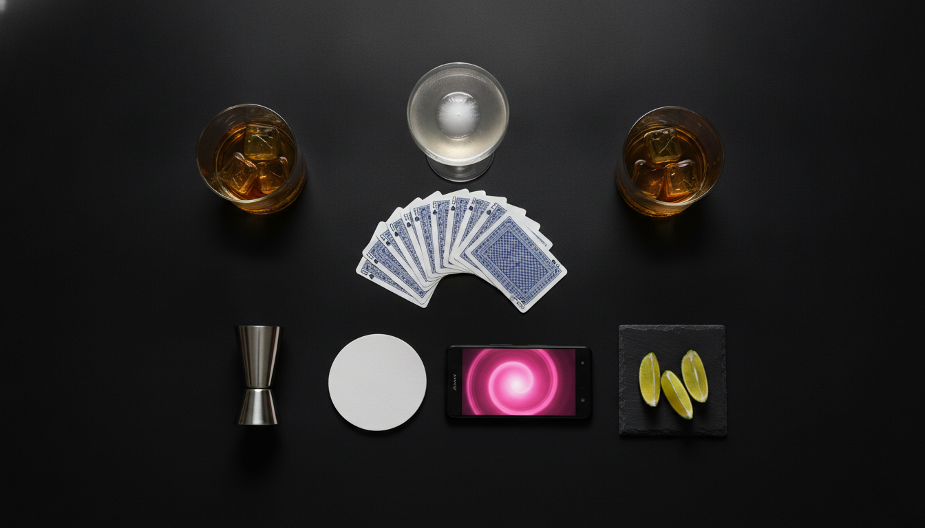 Overhead flat lay of playing cards, two rocks glasses of whiskey, a cocktail coupe, and a phone glowing pink on a black bar table
