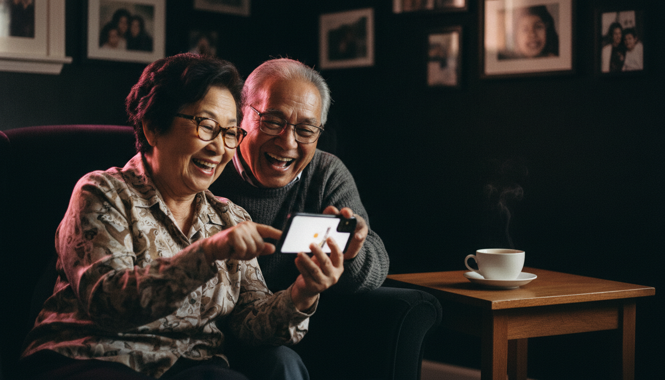 Grandmother and grandfather laughing while sharing a single phone during a family reunion game