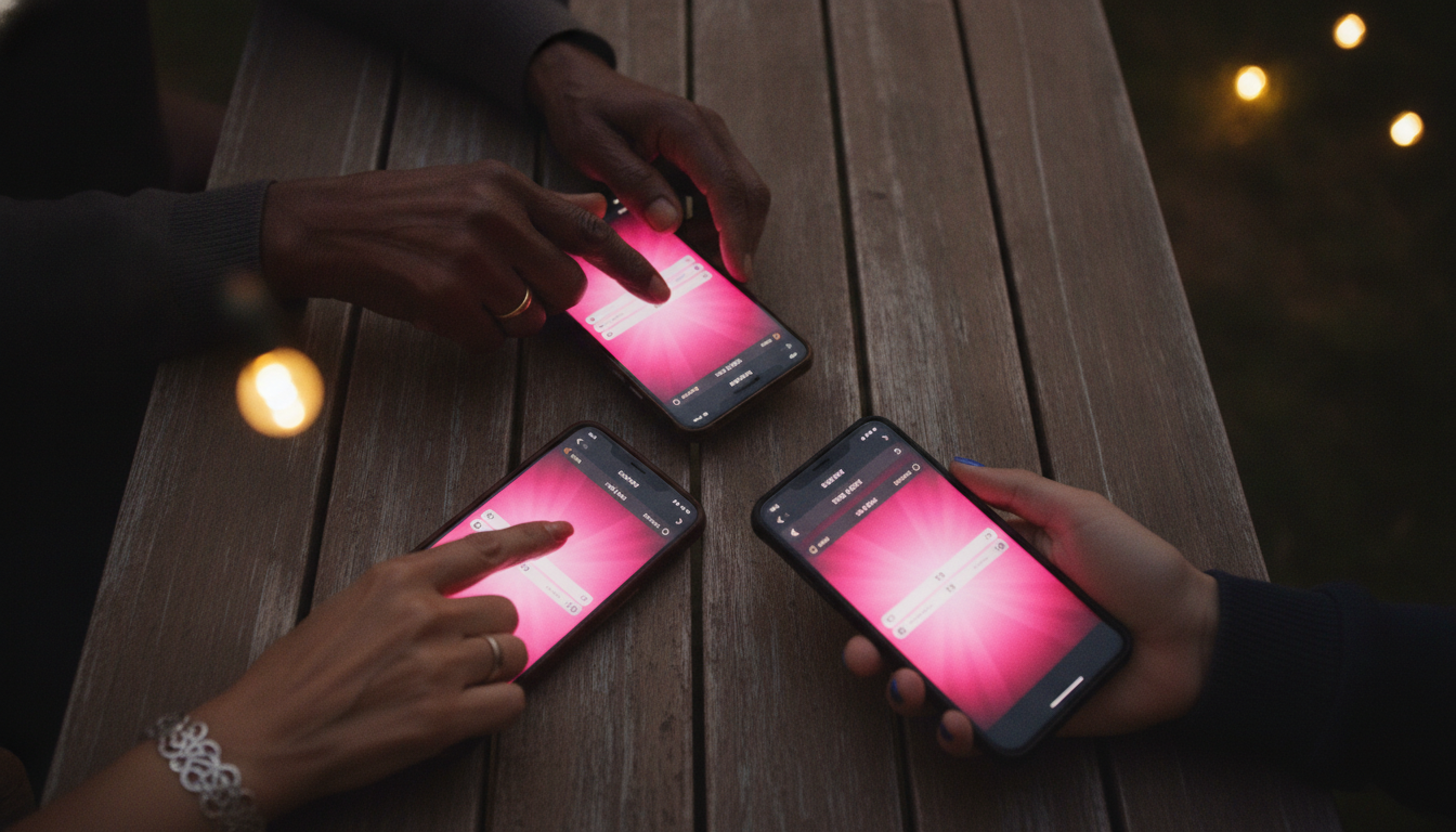 Three hands across three generations tapping smartphones with pink scoreboard interfaces
