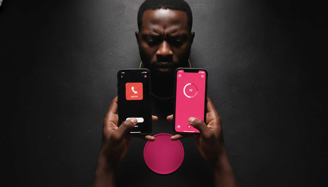 Overhead flat lay of two phones on black concrete, one with a red call banner and one with a hot pink shake round timer.