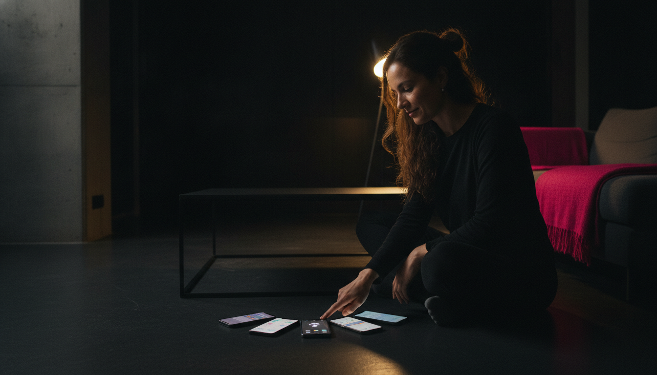A Brazilian woman leaning to tap Do Not Disturb on a phone in a semicircle of five devices on a black table.