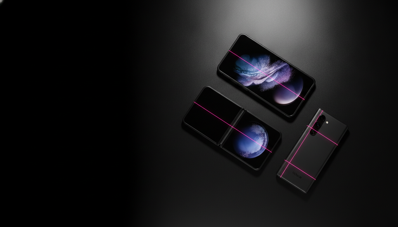 Overhead diagram of three foldable phones with pink lines marking accelerometer axes