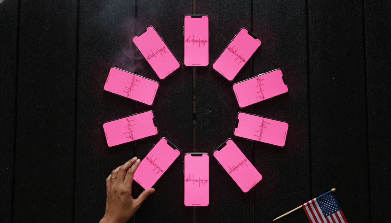 Top-down view of nine smartphones arranged in a ring on a black picnic table glowing hot pink