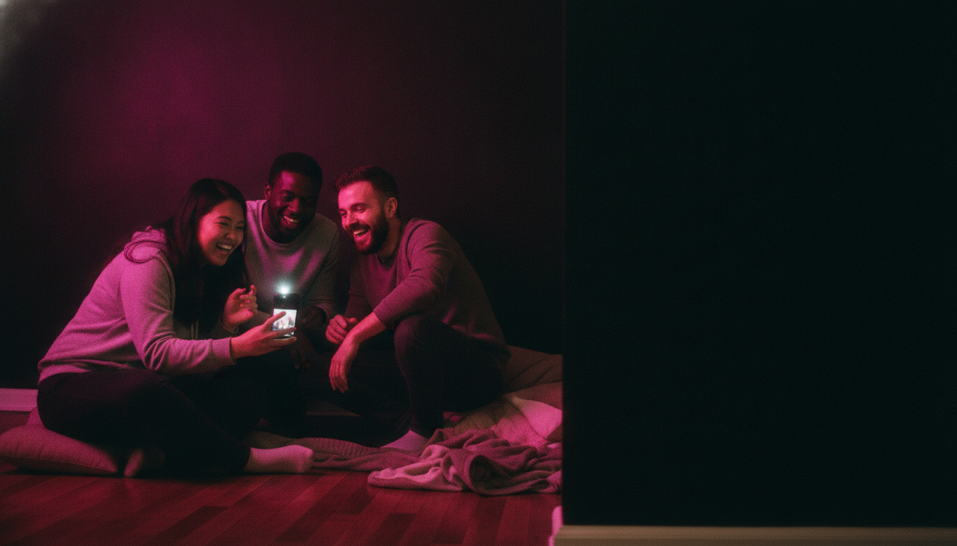 Three friends crouched around a single phone on an apartment floor, faces lit hot pink from a nearby lamp.