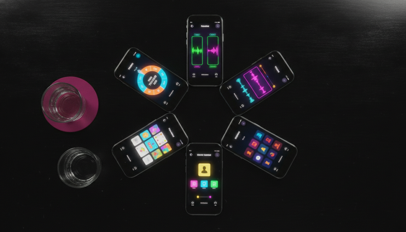 Six smartphones fanned out on a matte black table showing different game screens in overhead product-shot lighting.