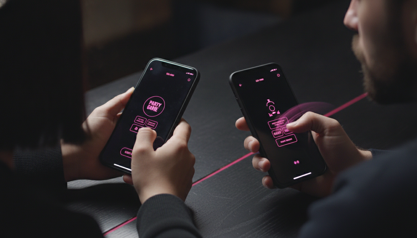 Two phones held side by side showing party game UI in hot pink on black