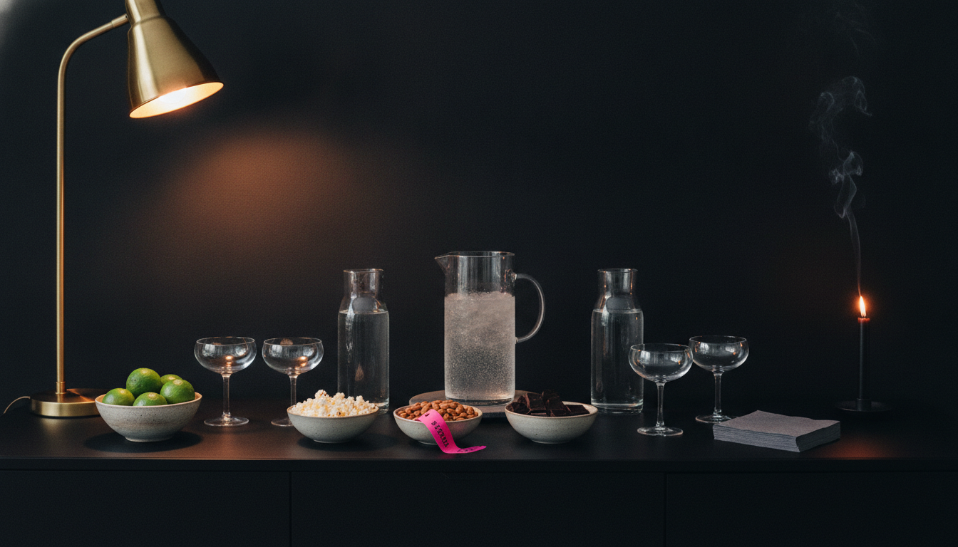 A minimalist black sideboard set with three snack bowls, a water pitcher, coupe glasses, and a hot pink ribbon accent for an adult game night
