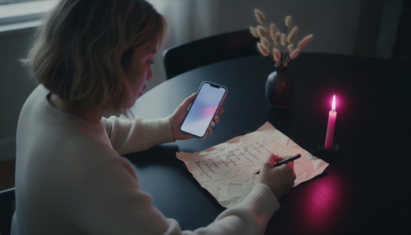 A woman ticking off items on a handwritten 3-hour game night timeline at a black lacquered table with a soft pink candle glow