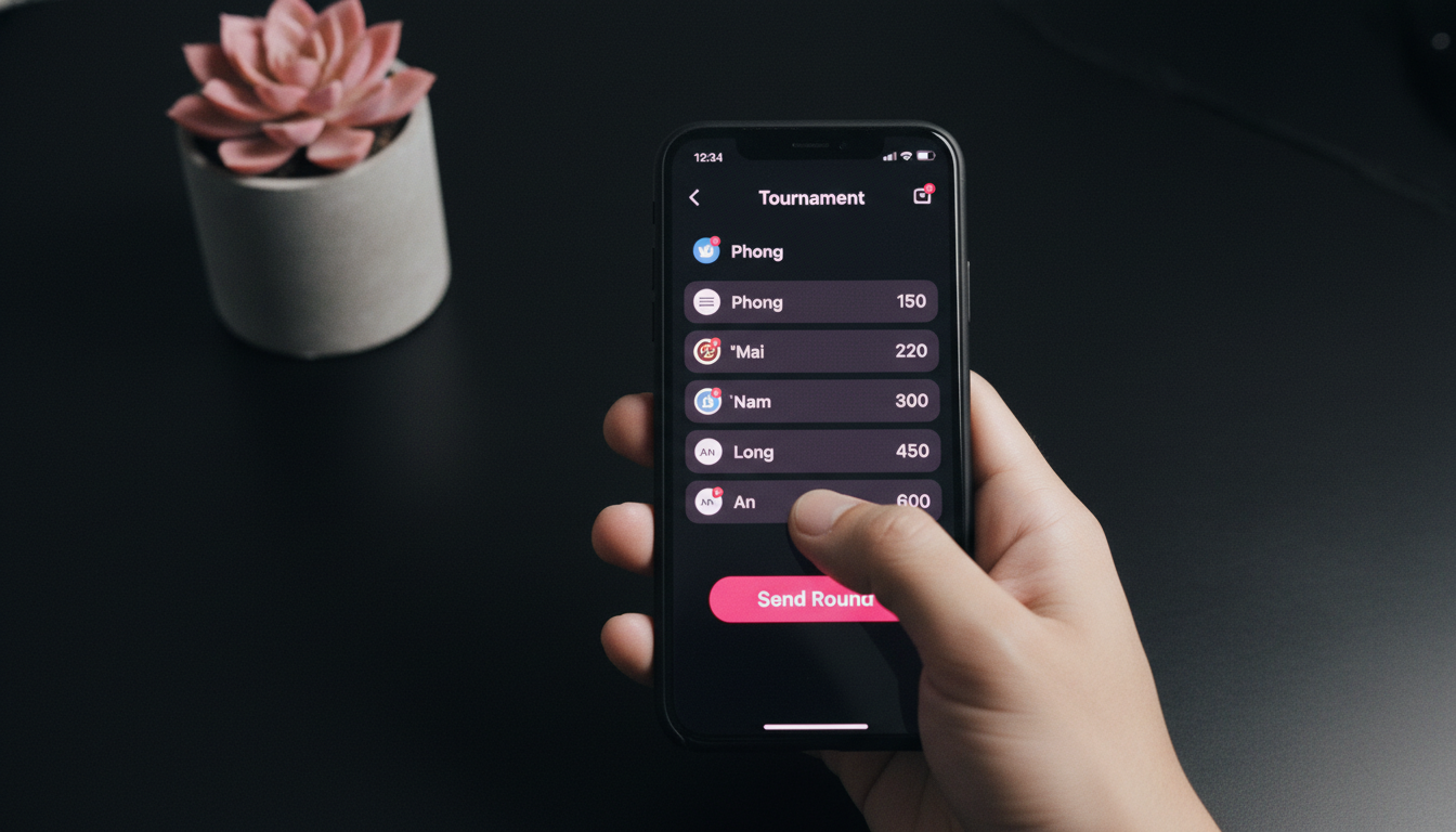 Close-up of a phone showing a group chat tournament leaderboard with five usernames