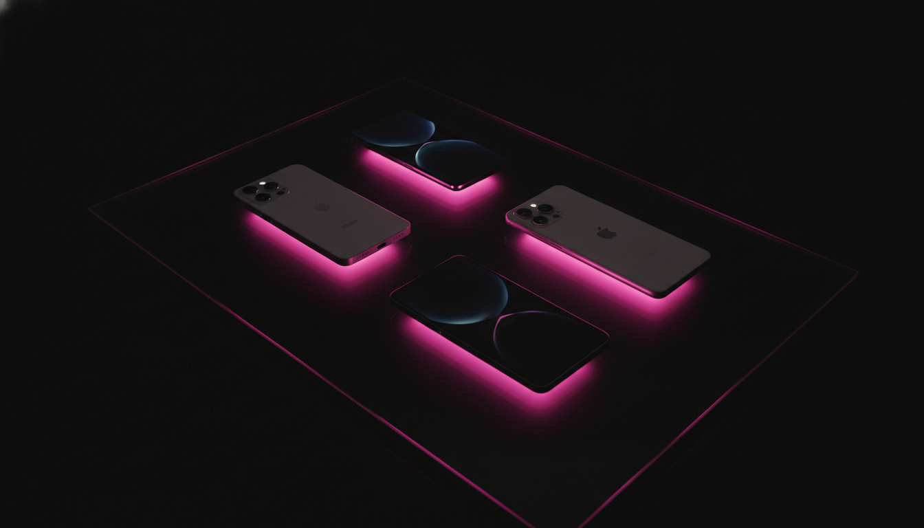 Three smartphones on a black glass table with hot pink underlight