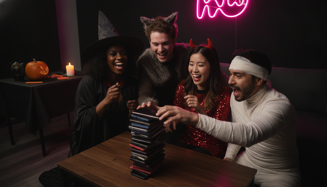 Four costumed adults gathered around a coffee table stacked with phones during a shake round