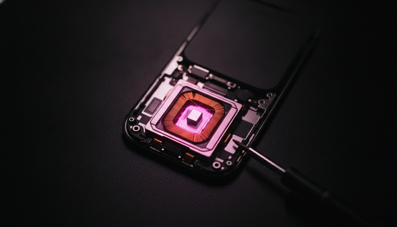 Macro shot of a smartphone Taptic Engine module with copper coils and a tungsten mass on a black studio bench