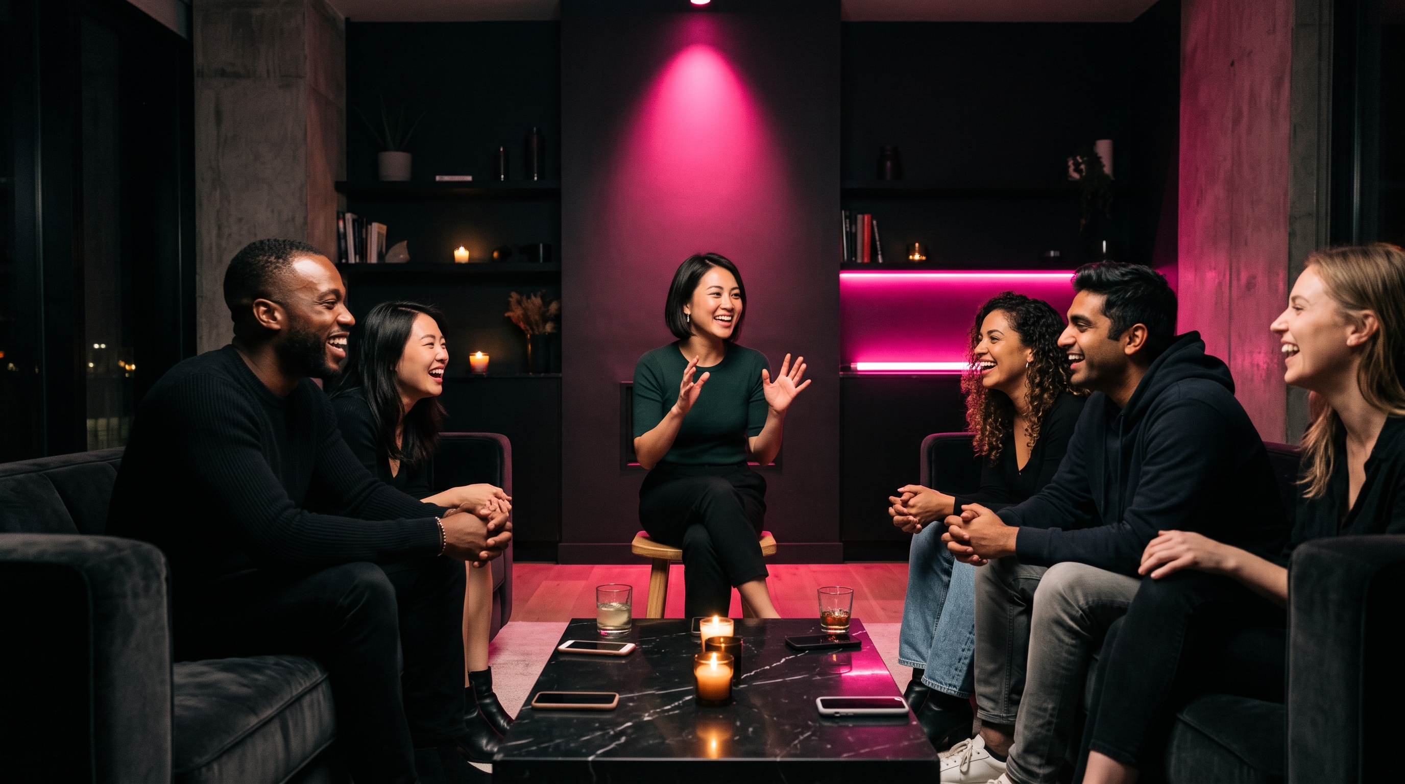 Six friends in a candlelit apartment, one on a stool under a hot pink spotlight in the hot seat, phones face-down on a black marble coffee table