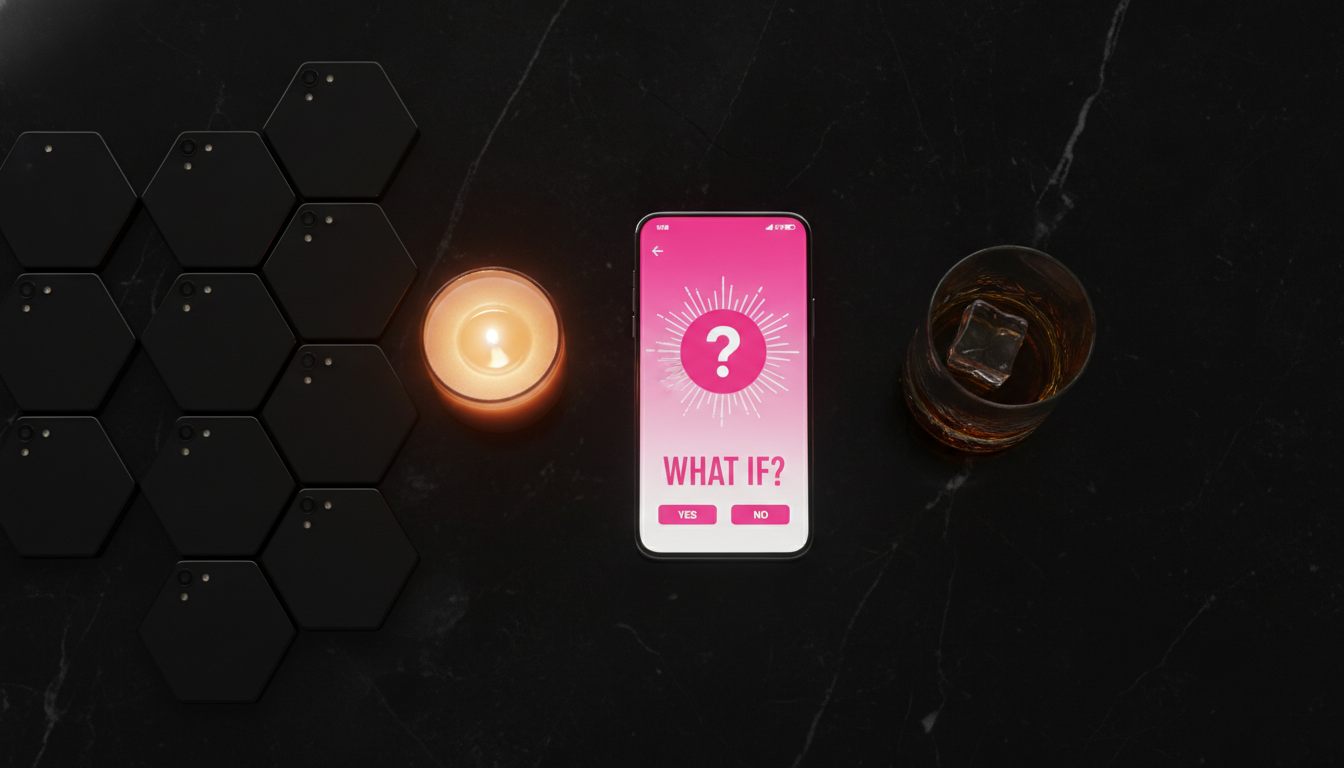 Overhead shot of six phones face-down on a black marble coffee table with a single phone showing a hot pink Hot Seat question card