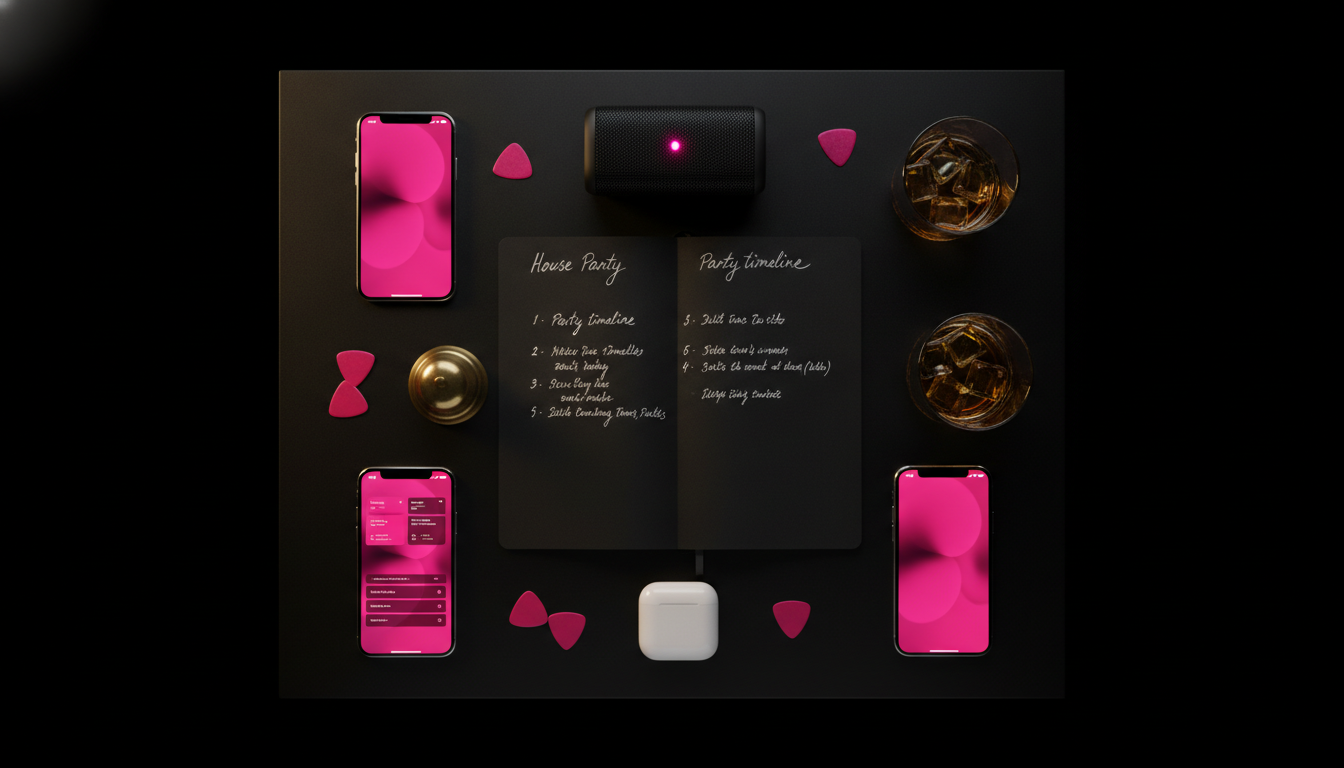 Overhead flat-lay of a house party planning timeline with phones and tokens on a black table