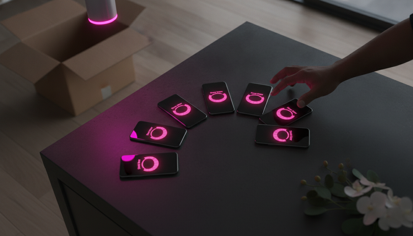 Overhead flat lay of six phones on a black concrete kitchen island during a housewarming shake round