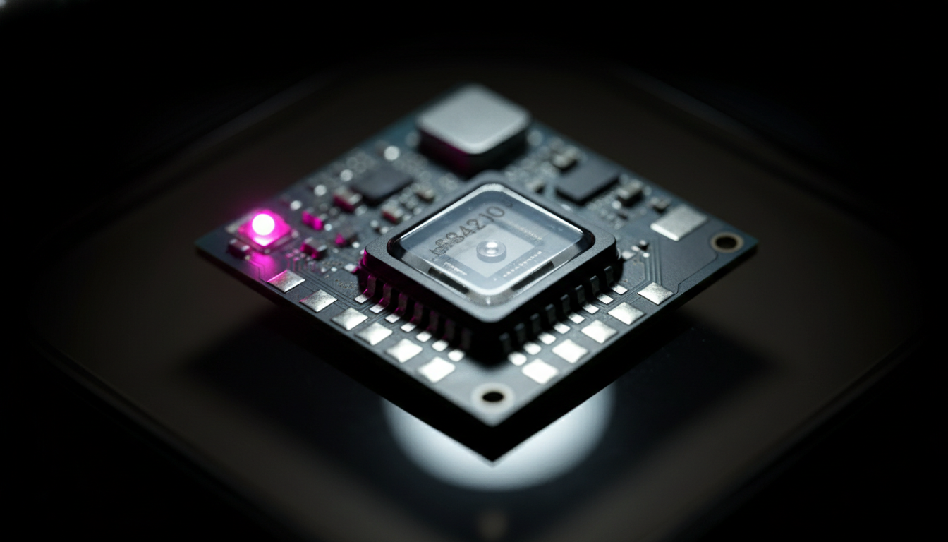 Extreme macro photograph of a MEMS accelerometer chip on a smartphone circuit board, lit by a single hot pink LED