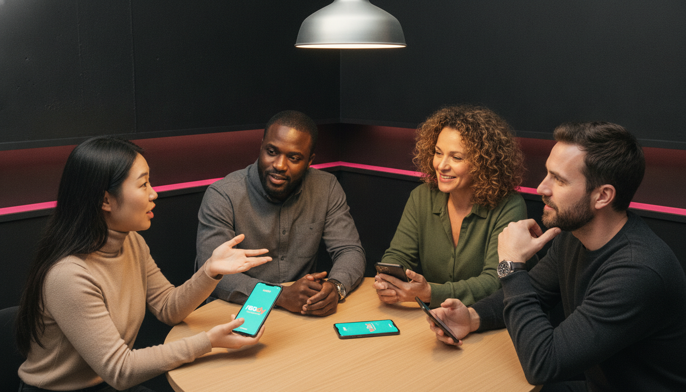 Four coworkers seated around a table with phones ready for a work icebreaker