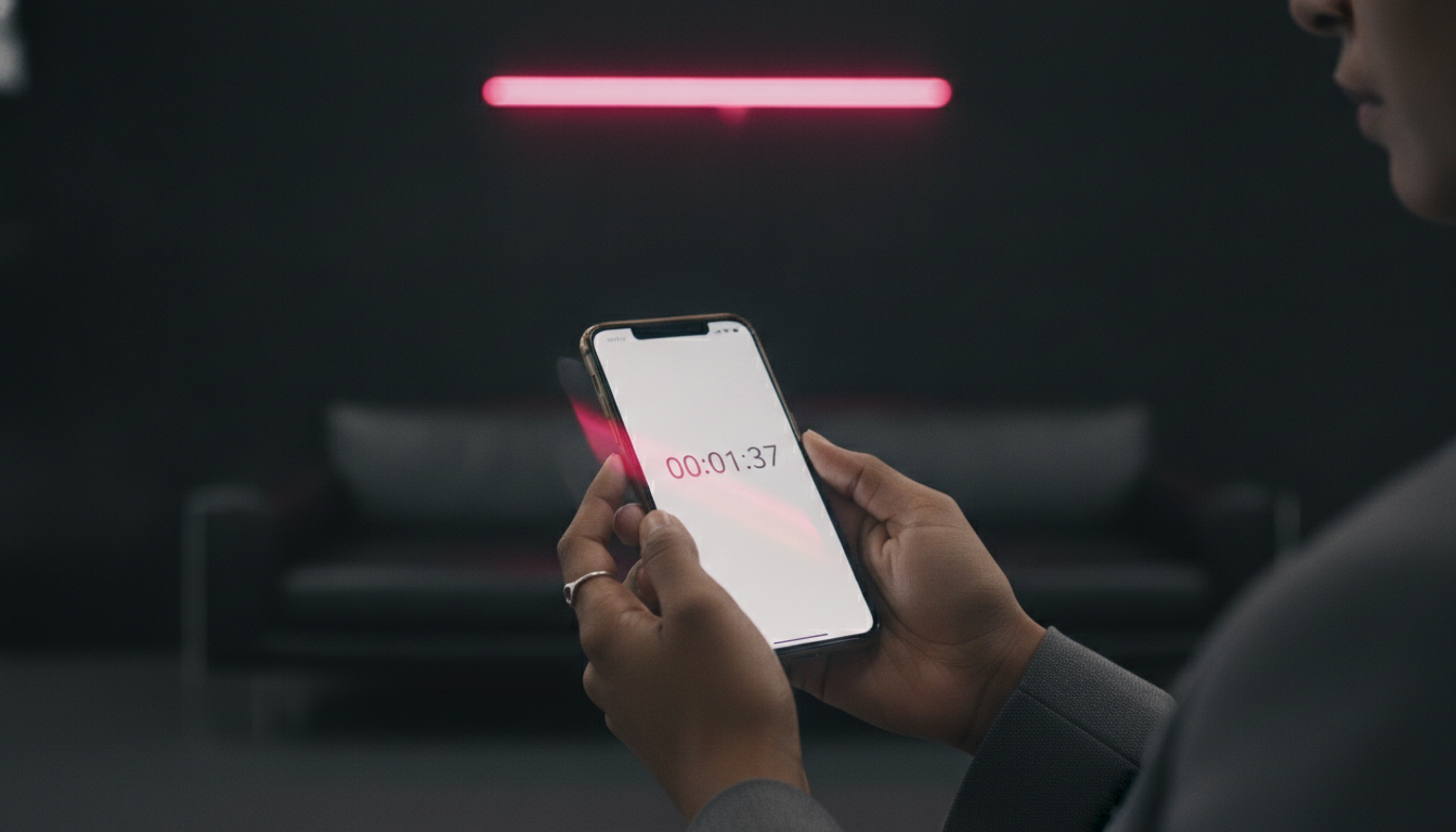 Hand holding a phone mid-shake with an on-screen timer