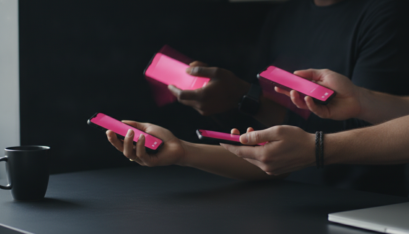 Three hands holding phones mid-shake on a matte black office kitchen counter with hot pink motion streaks