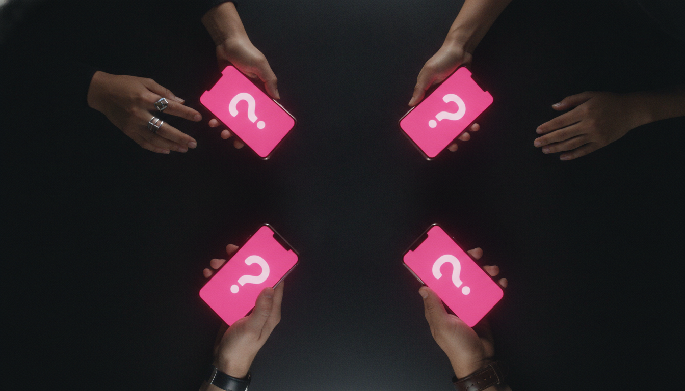 Overhead shot of four hands on a black table holding phones with hot pink glowing prompts