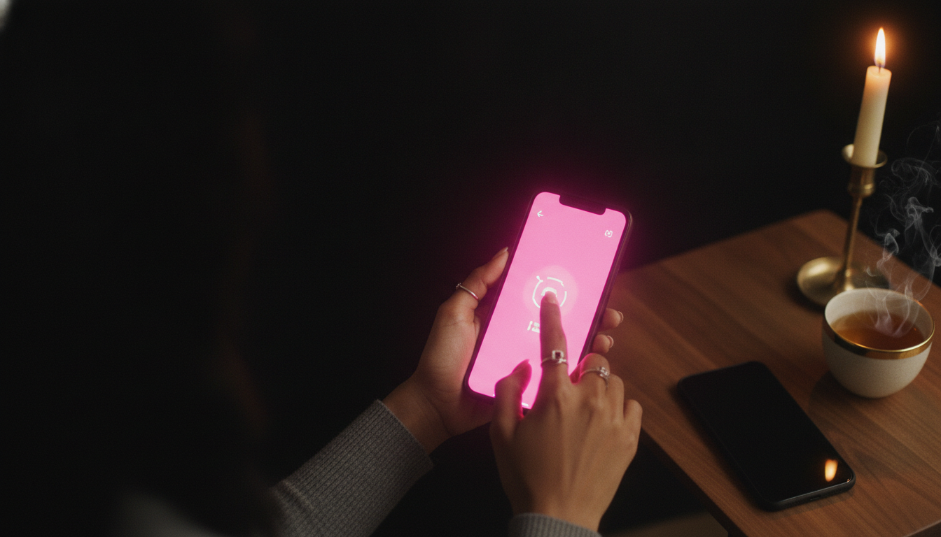 Overhead view of a woman's hands cradling a matte black phone with a pink screen glow, a cup of tea nearby, in a quiet dark corner.