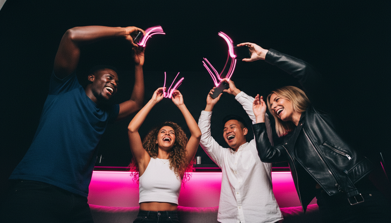 Group of four friends raising mixed iPhones and Android phones overhead in a dim party room with pink LED accent