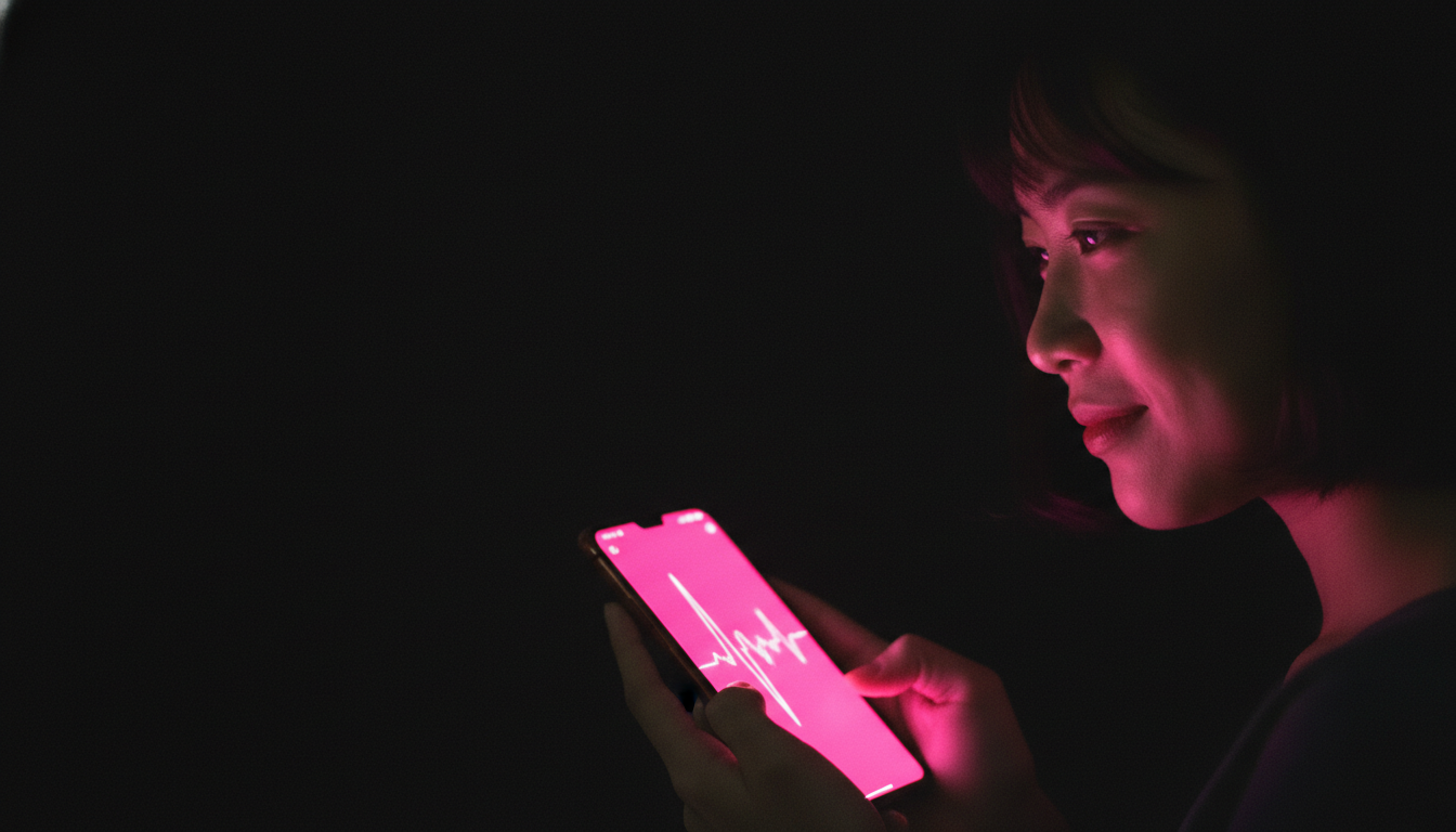 Close-up of a woman holding a phone with a pink waveform on screen in a dark room