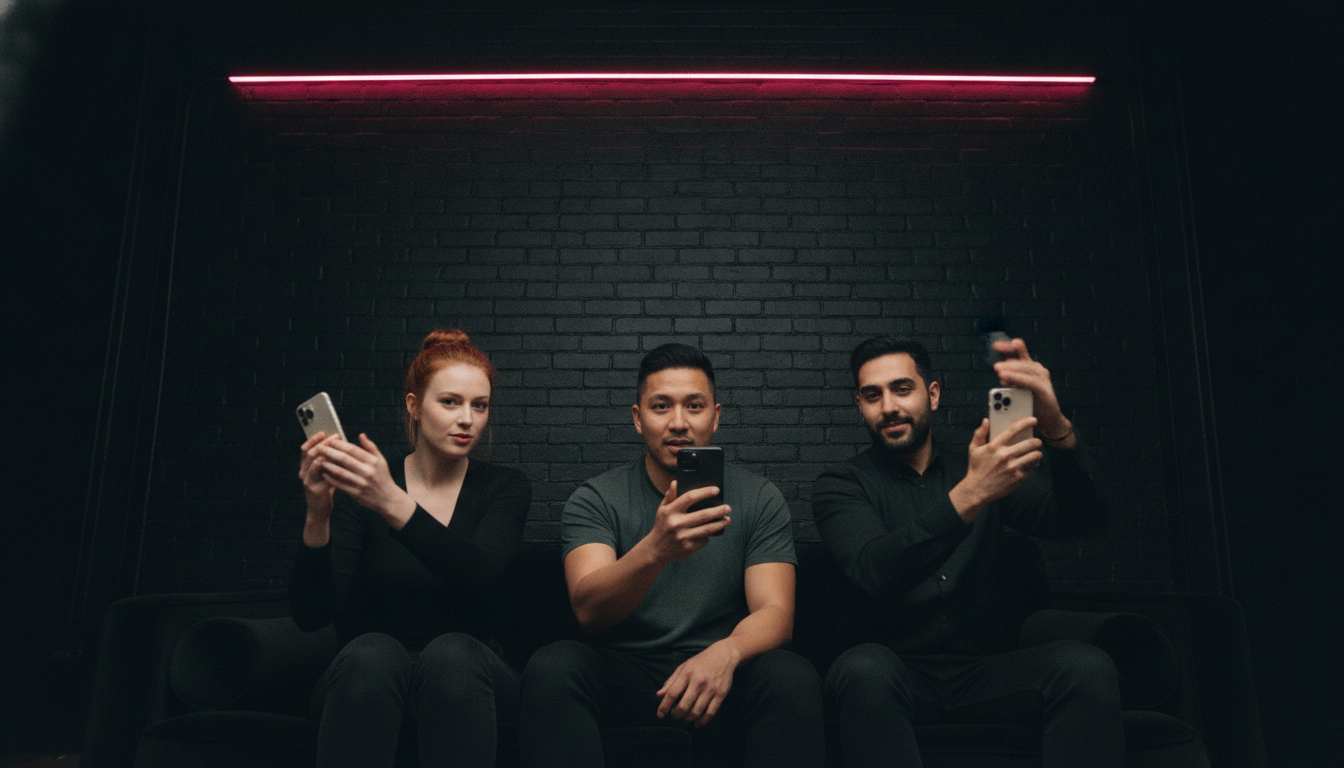Three friends on a black velvet couch shaking phones during a game round, one blurred in motion