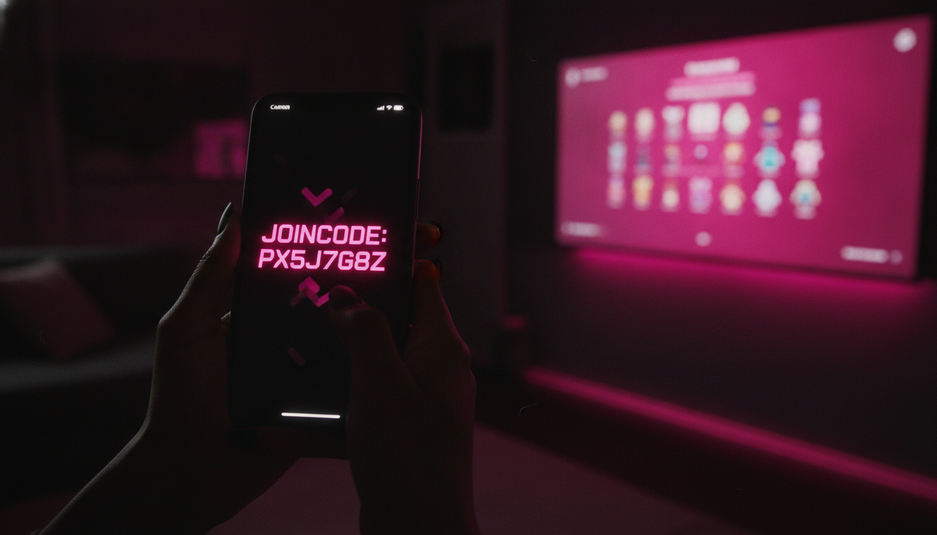 Close-up of a hand holding a phone with a hot pink game join code screen, a TV glowing in the background