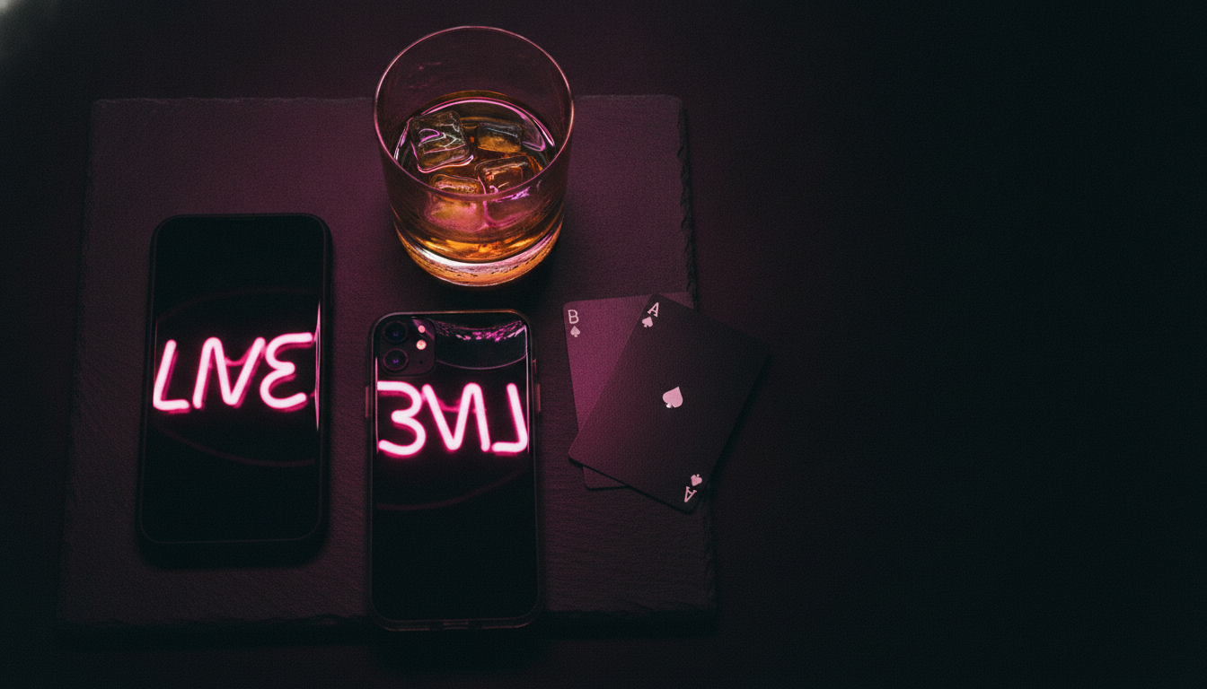 Two phones face down on a black slate surface under a pink LIVE neon sign, whiskey glass and playing cards nearby