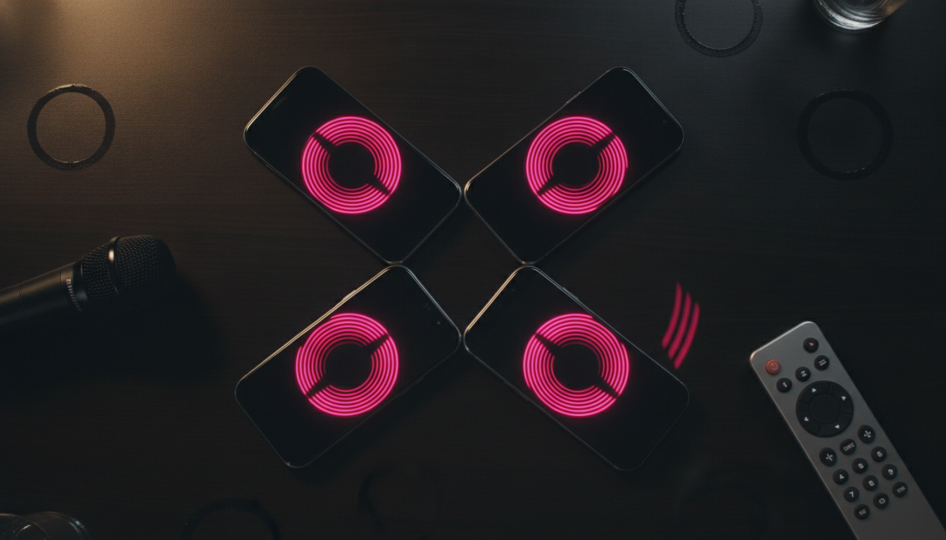 Four phones in a circle on a karaoke booth table, hot pink shake UI on black