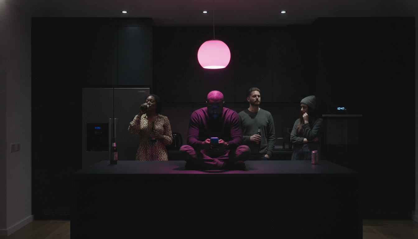 Guests silently checking phones in a modern kitchen during the 60-minute party lull