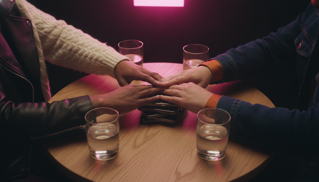 Four guests stacking their phones face-down on a bistro table to start a phone-driven party round