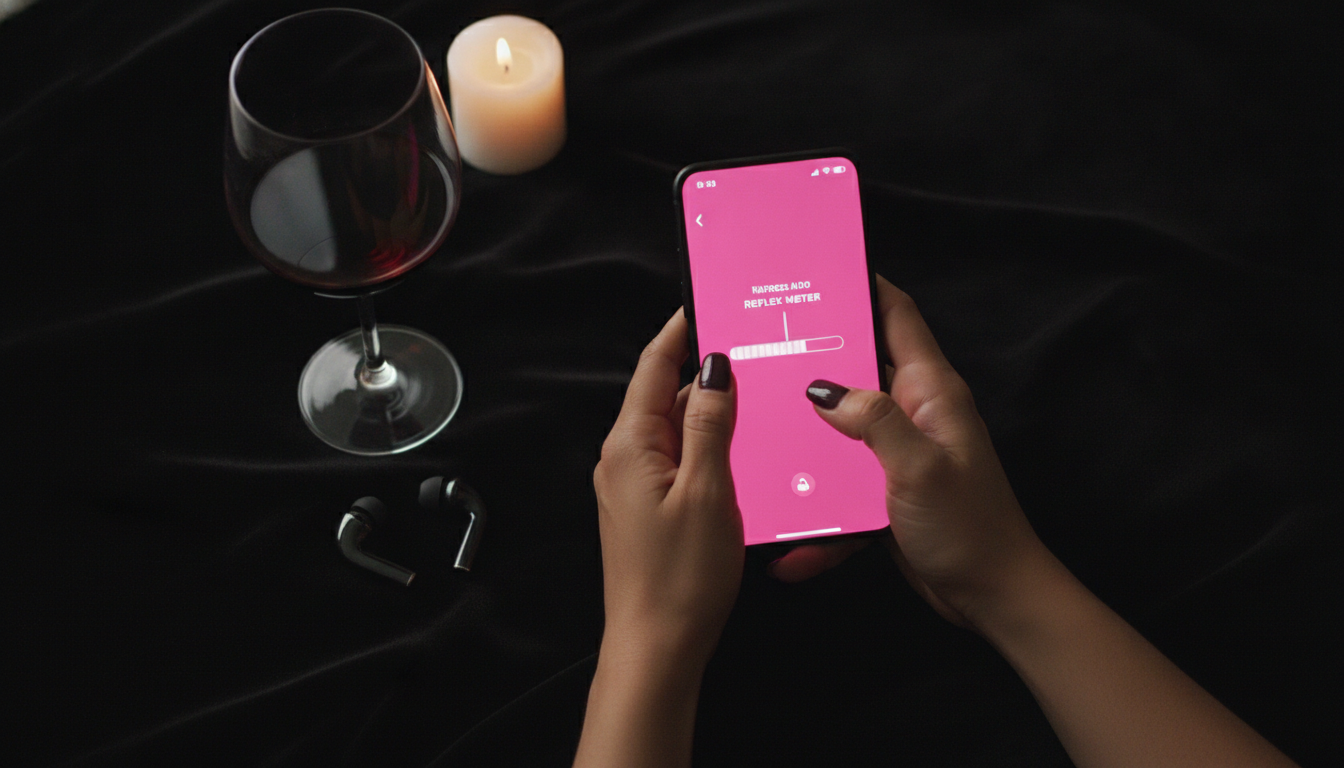 Overhead close-up of a Latina woman's hands with dark painted nails gripping a smartphone on black velvet, hot pink game screen glowing beside a wine glass and wireless earbuds.