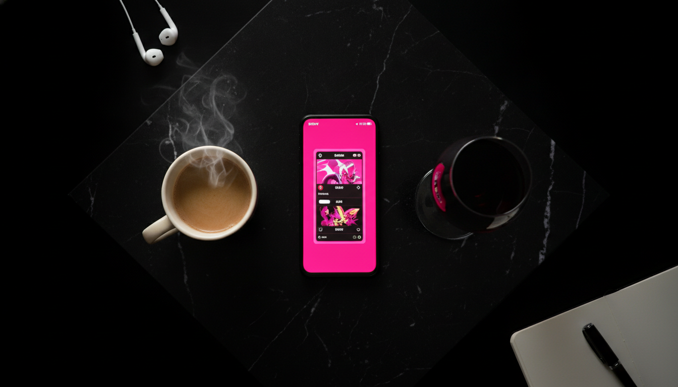 Overhead flat-lay of a single phone glowing hot pink on a black marble surface, with a coffee mug steaming on one side and a glass of red wine on the other, suggesting two time zones meeting on one screen.