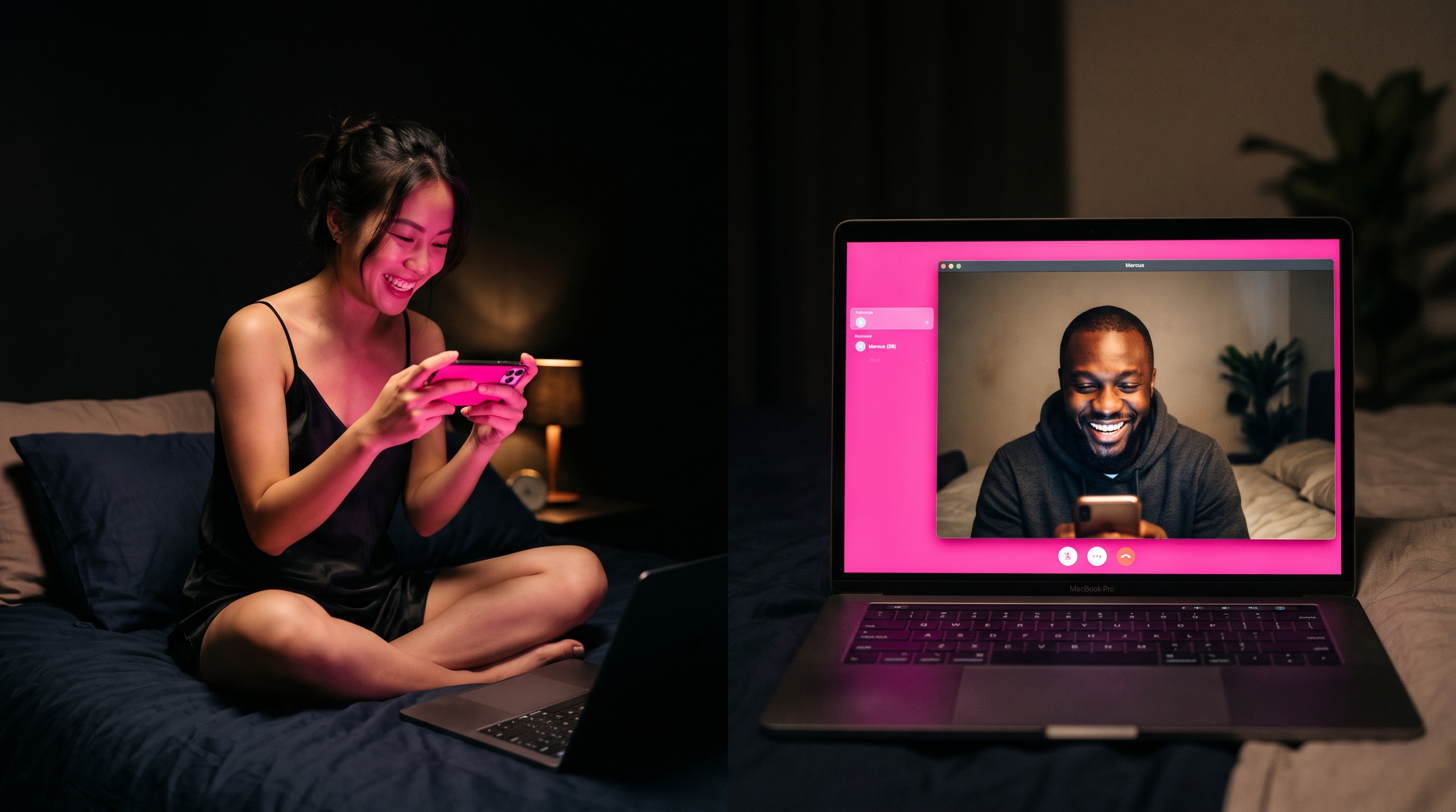 Vietnamese woman in her late twenties on a dark bed holding a phone with hot pink screen glow, laptop beside her showing a Black man on video call laughing.